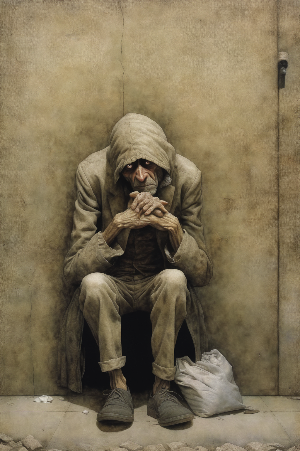 00264-1949302610-_lora_Santiago Caruso Style_1_Santiago Caruso Style - a down on his luck homeless man being bullied.png